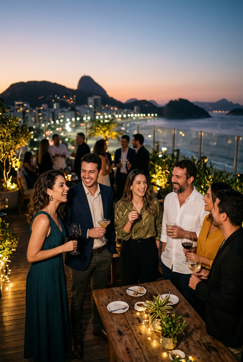 Grupo de pessoas conversando em um terraço ao entardecer