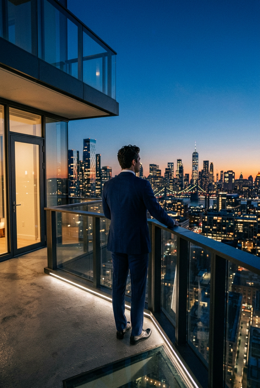 Homem de terno observando o horizonte de uma cidade contemporânea