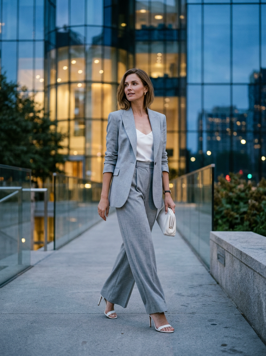 Look feminino com terno cinza claro