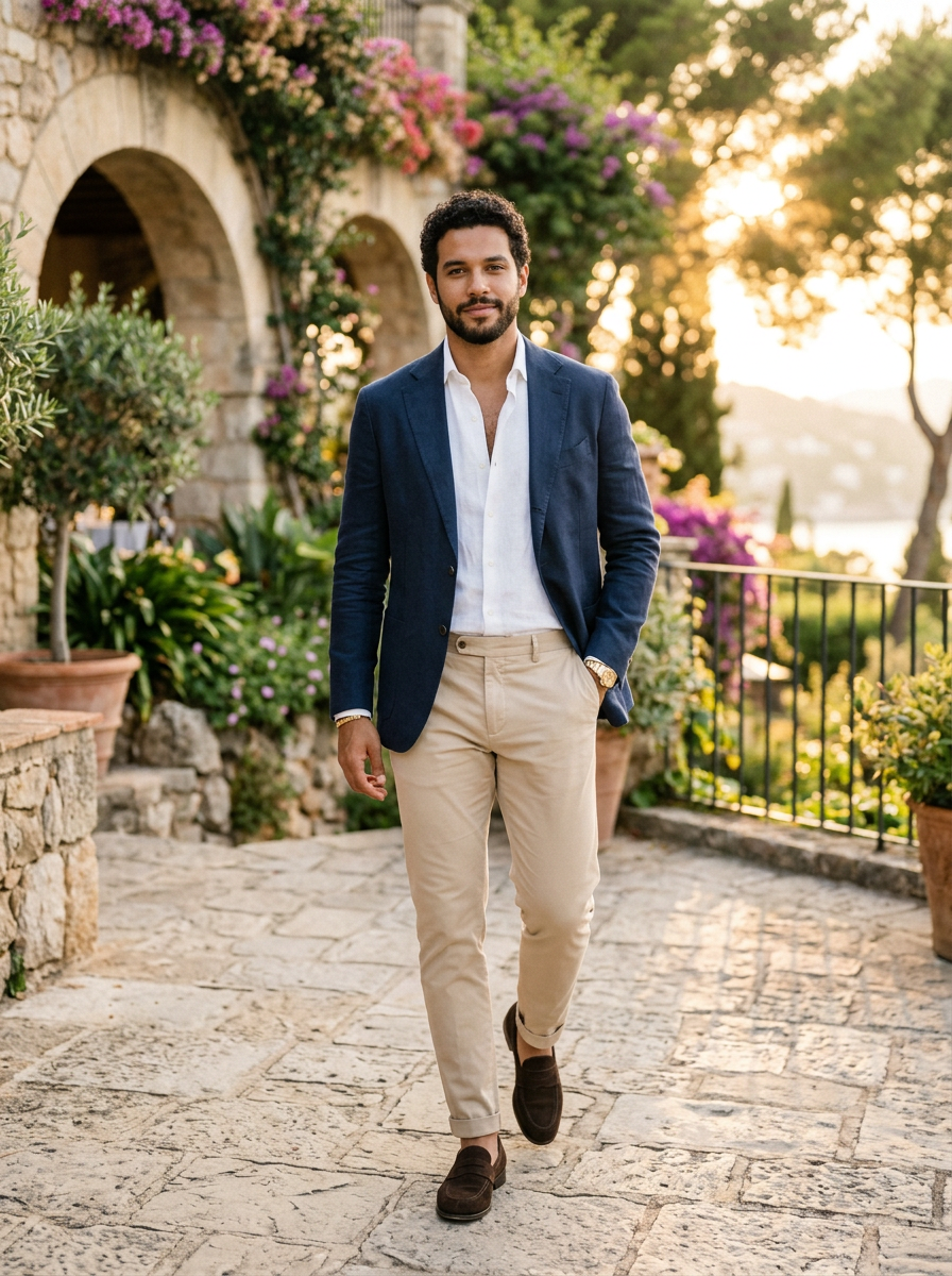 Look masculino com blazer azul-marinho, camisa branca e calça bege