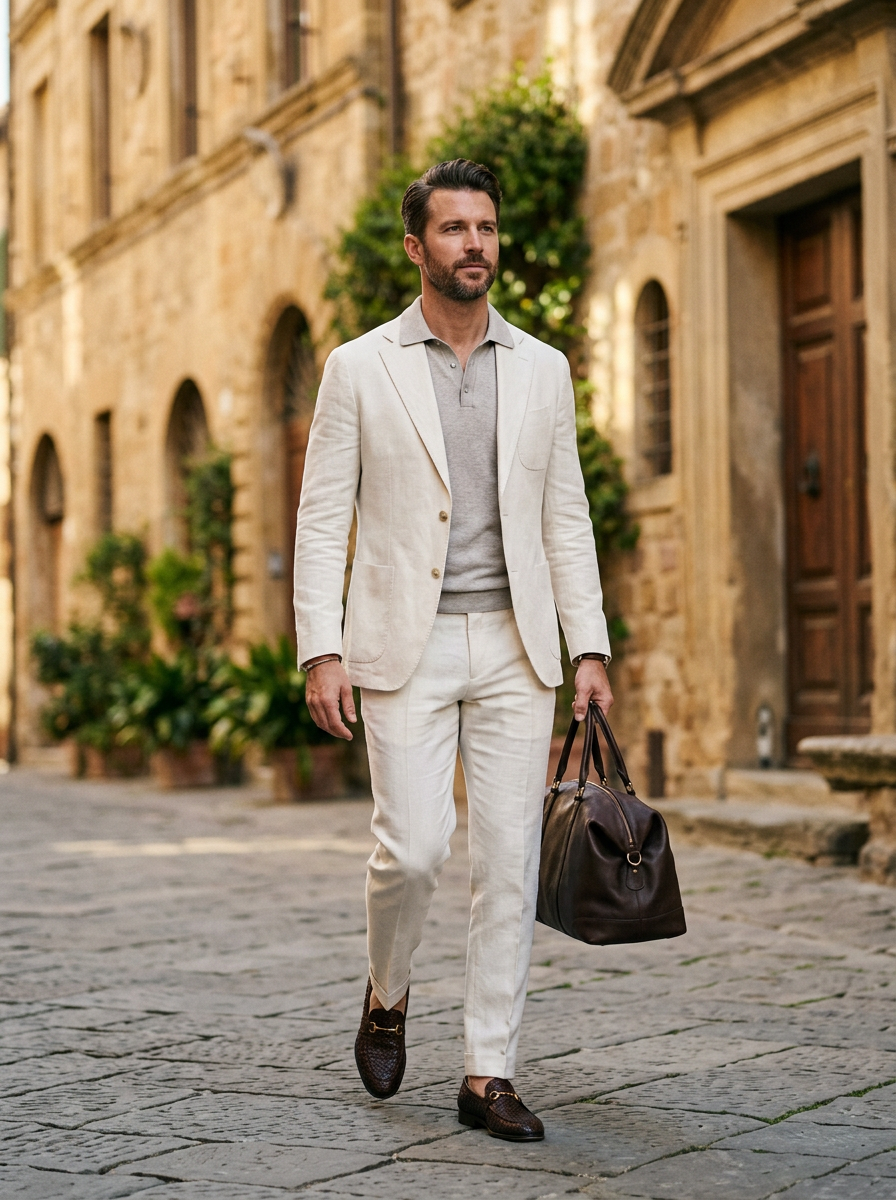 Look masculino com blazer de linho off-white