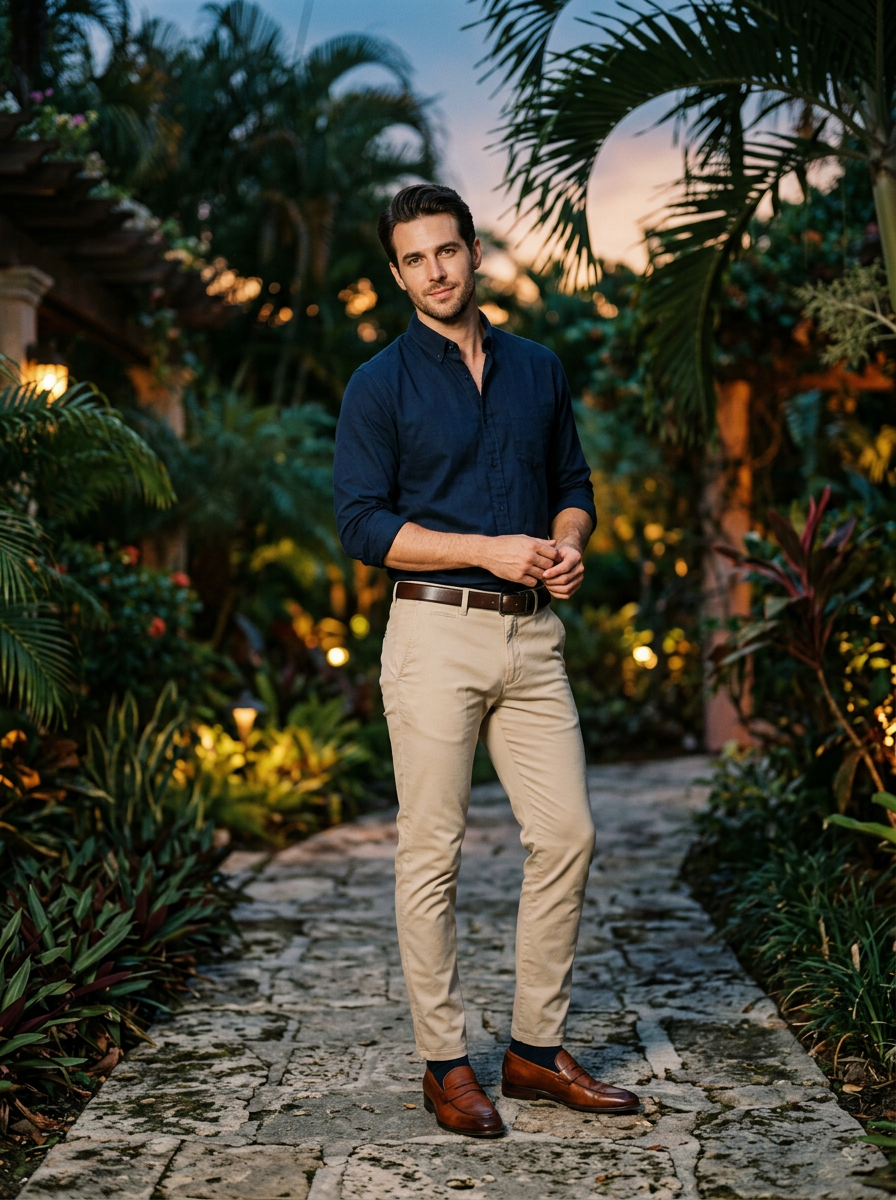 Look masculino com camisa azul-escura e calça bege
