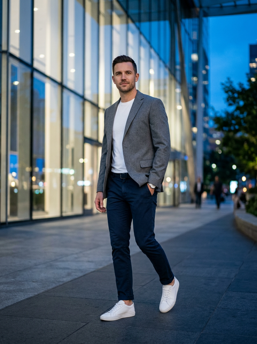 Look masculino com blazer cinza e calça azul-marinho