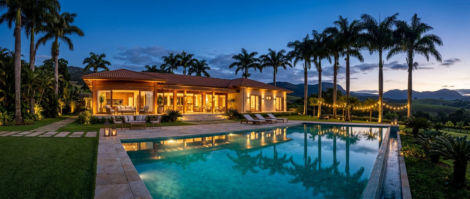 Espaço Campestre ao entardecer, com piscina iluminada e palmeiras